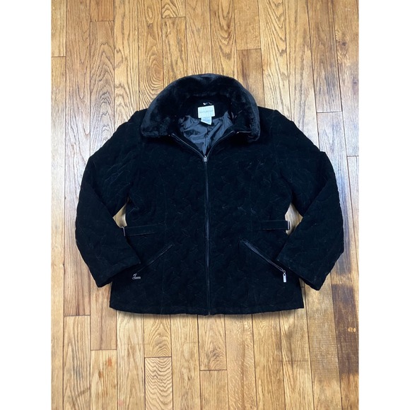 White Stag Black Velvet Quilted Jacket Faux Fur Collar Size Large L - Picture 1 of 7